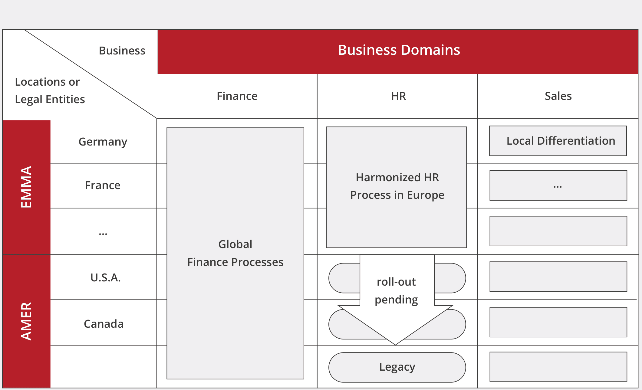 Figure 2: Exemplary Structure of an Adaptive Demand Portfolio — a matrix of Locations or Legal Entities (Germany, France, ... in EMMA; U.S.A., Canada, ... in AMER) against Business Domains (Finance, HR, Sales), showing Global Finance Processes, Harmonized HR Process in Europe, roll-out pending, Legacy, and Local Differentiation cells
